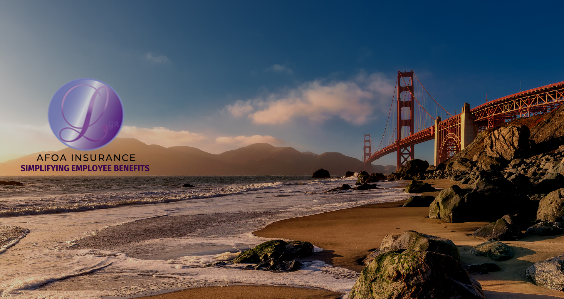 Golden Gate Bridge at sunset above a rocky beach, with a purple AFP Insurance logo on the left