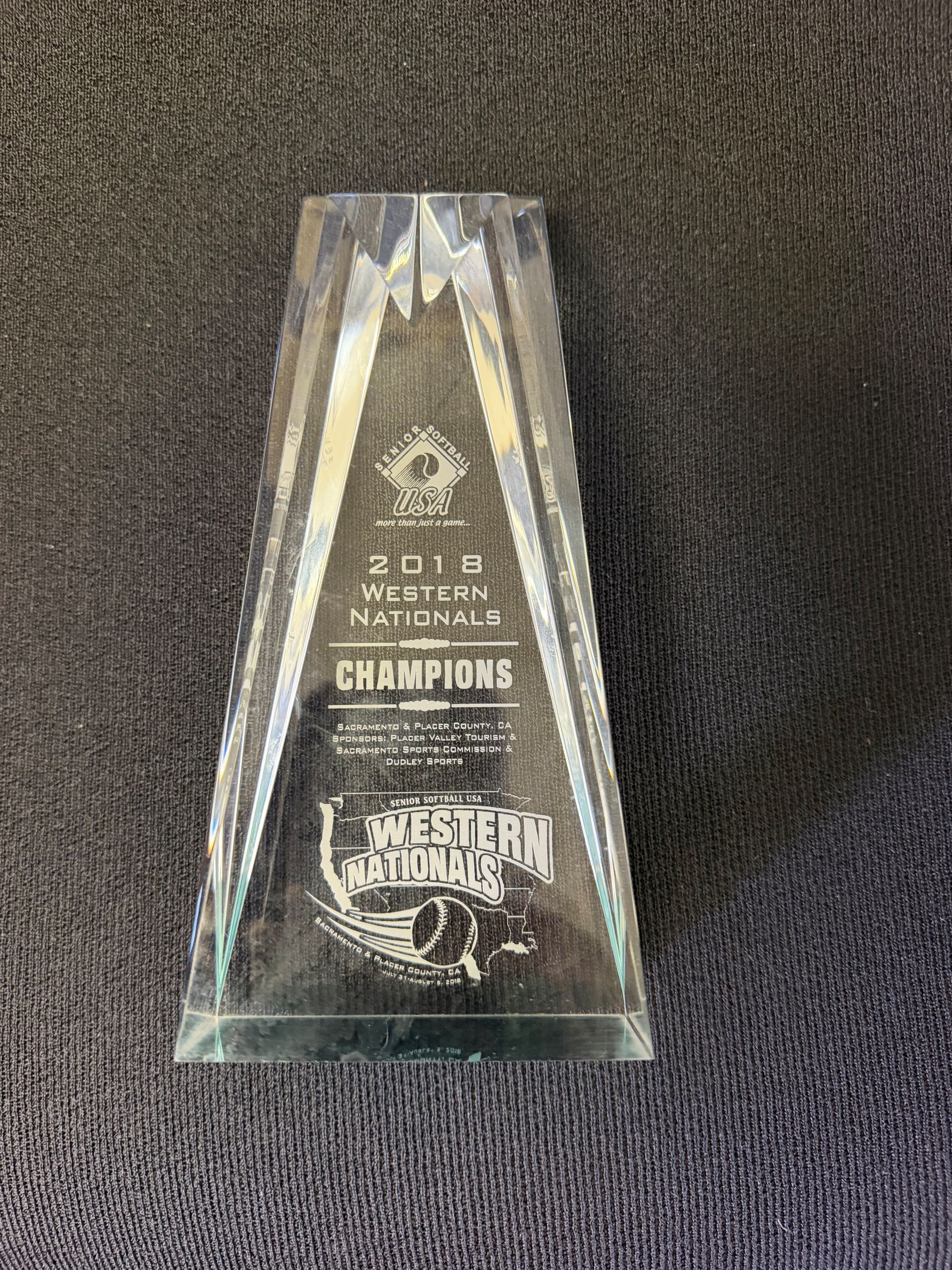 Clear glass trophy on dark fabric, engraved with “2019” and “CHAMPIONS.”