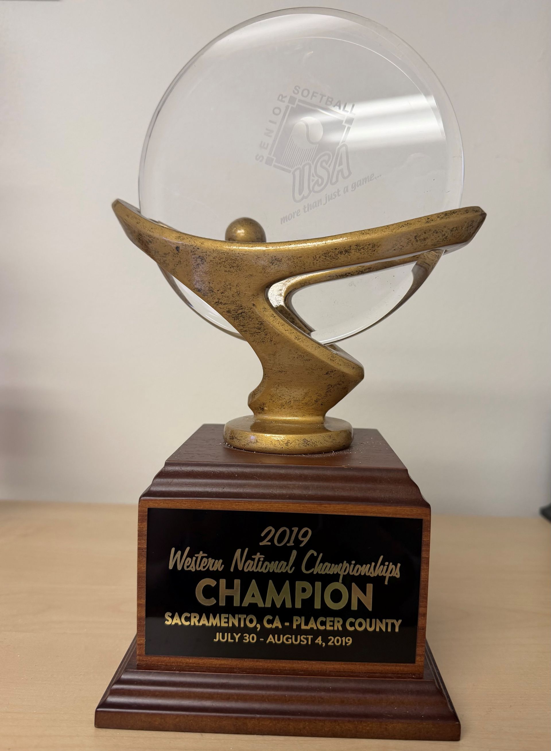Golden trophy on a wooden base with a plaque, in front of a clear circular award disc.