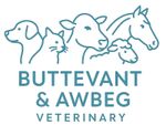 Buttevant & Awbeg Veterinary logo with teal line drawings of dog, cat, cow, pig, horse and sheep