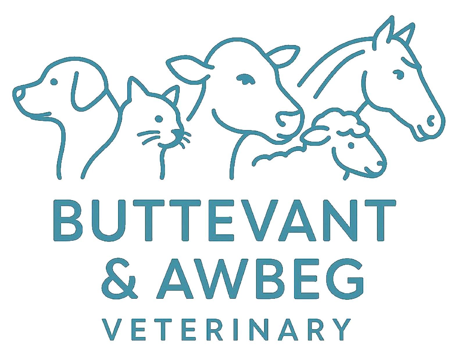 Buttevant & Awbeg Veterinary logo with teal line drawings of dog, cat, cow, pig, horse and sheep