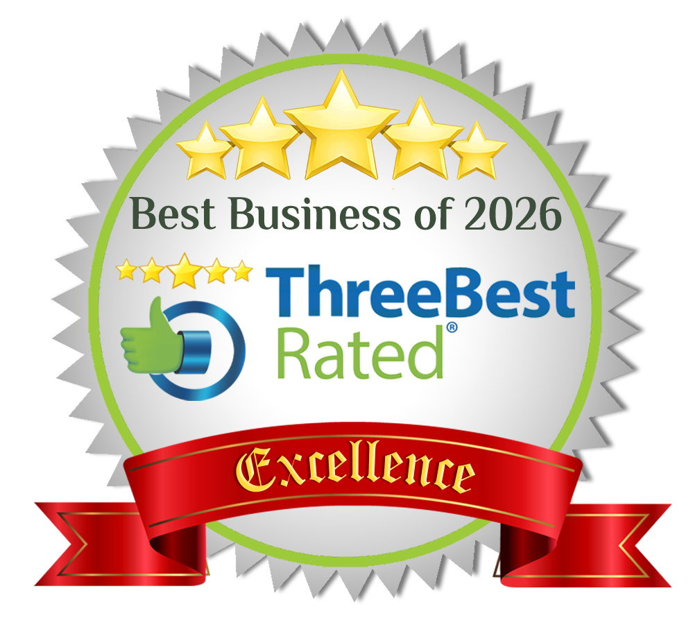 Best Business of 2026 ThreeBest Rated badge with gold stars and red Excellence ribbon