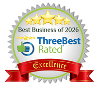 Best Business of 2026 ThreeBest Rated badge with gold stars and red Excellence ribbon