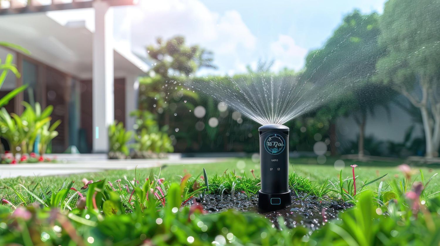 A sprinkler head sprays water onto a green lawn in front of a house on a sunny day.
