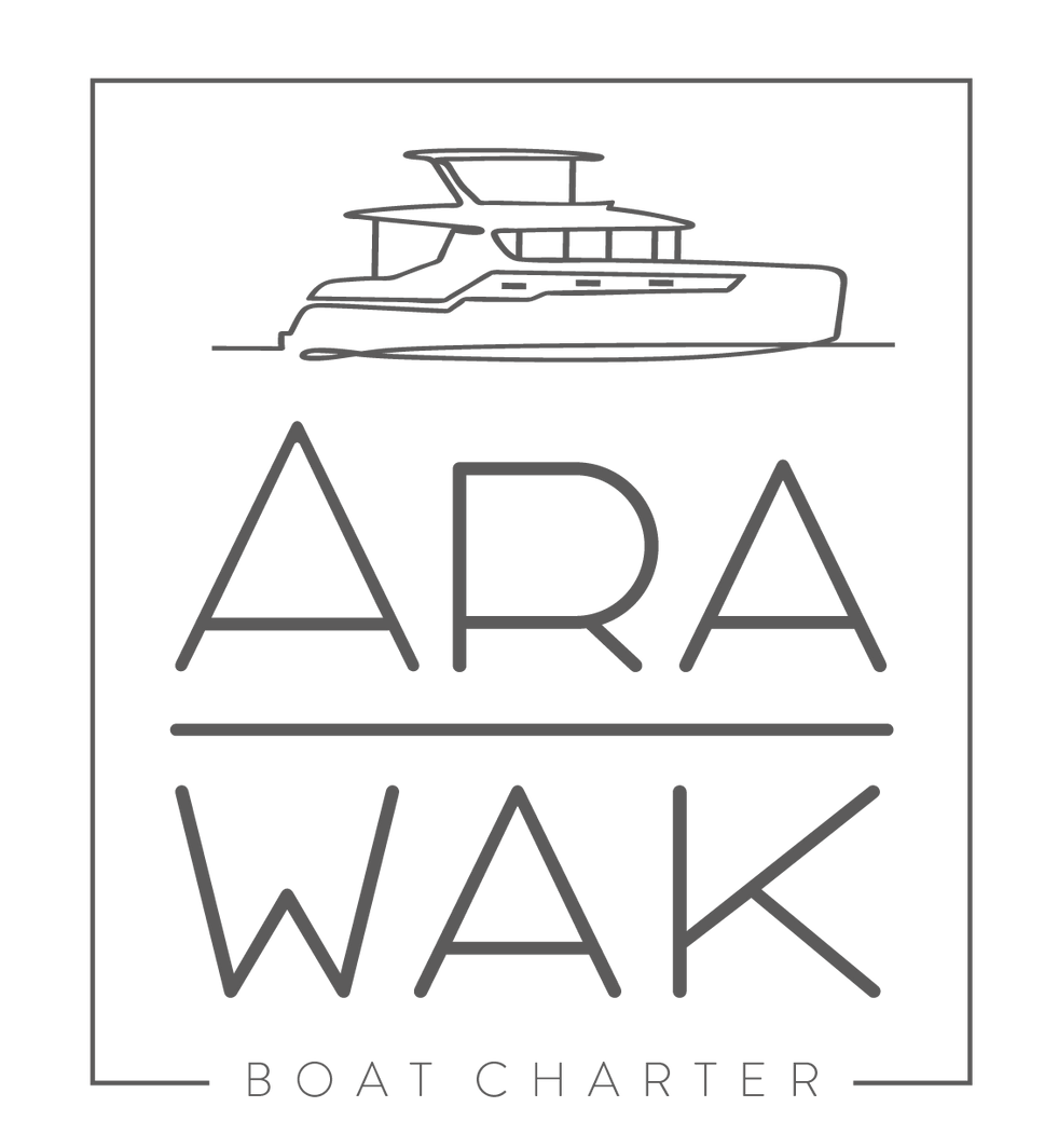 Logo of Arawak Charters in grey with logo of boat