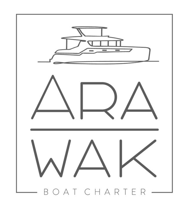 Logo of Arawak Charters in grey with logo of boat