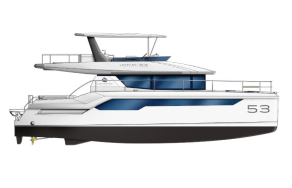 Leopard 53 Power Catamaran view from side.