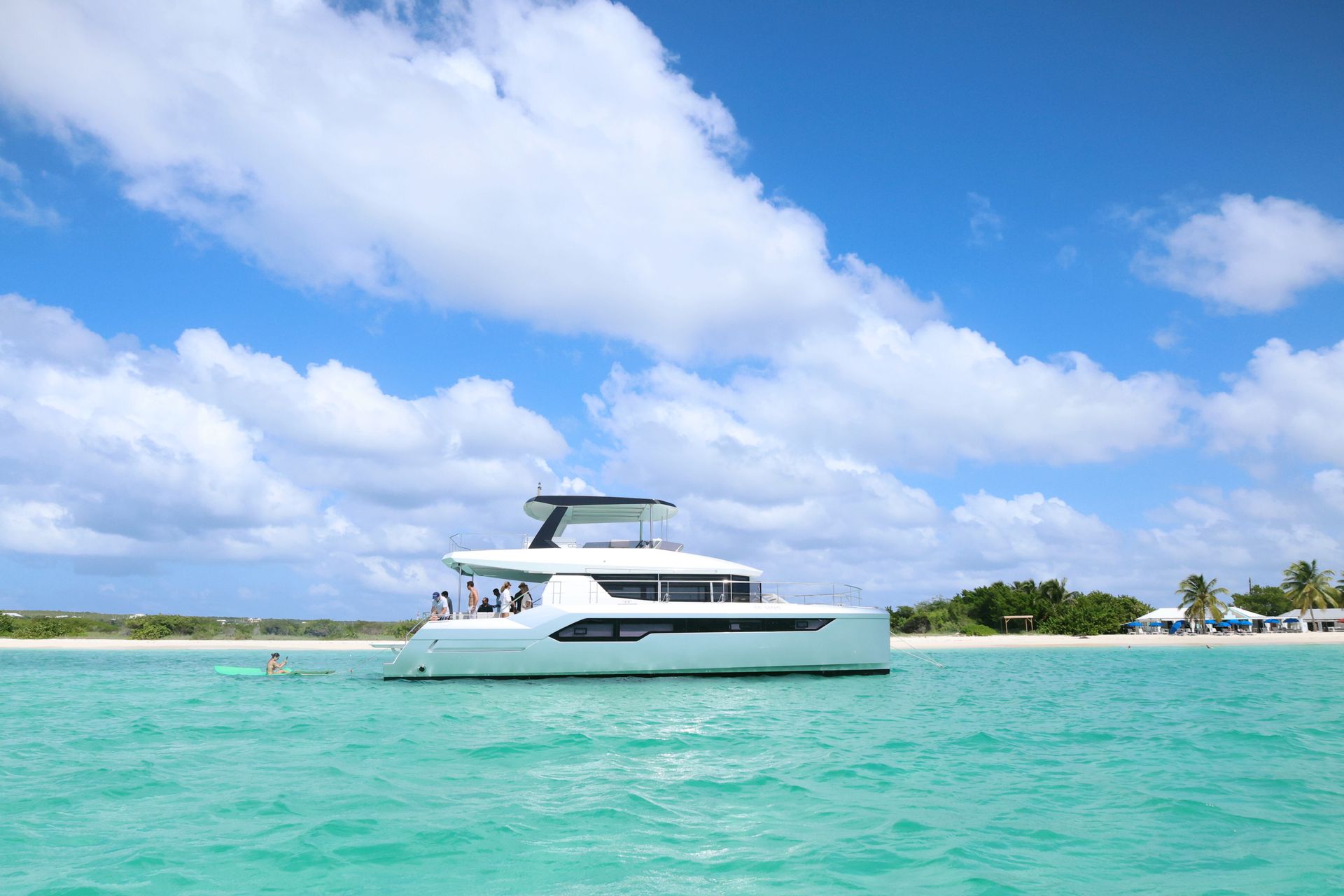 Arawak luxurious charters Leopard 53 feet boat side view in Anguilla, crystal sea water