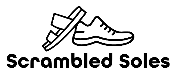 A black and white logo for scrambled soles with a pair of shoes and a brush.