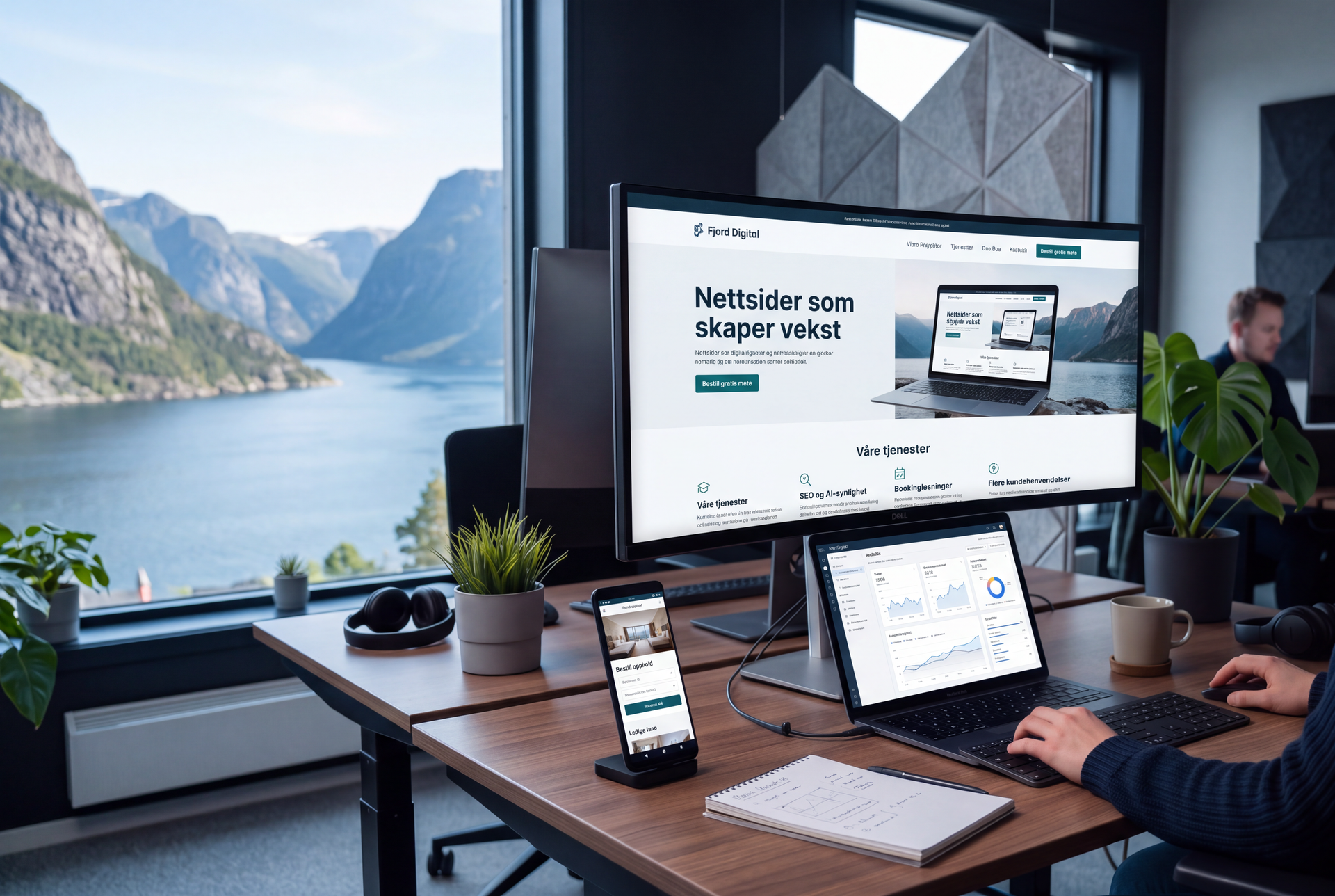 Modern office desk with laptop, monitor, phone, and a mountain lake view through large windows