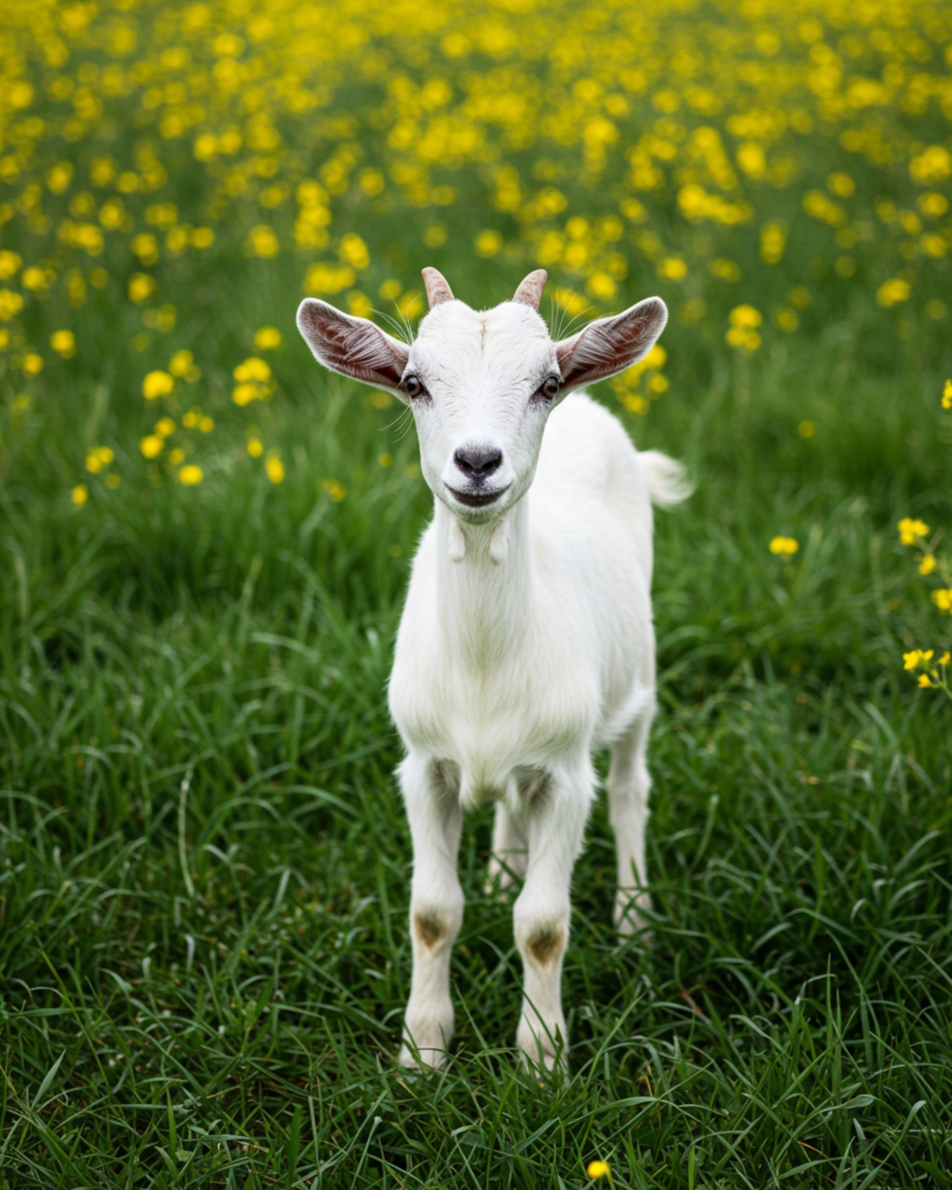 White baby goat standing in green grass with yellow flowers blurred in the background
