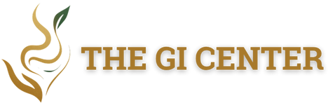 Logo for The GI Center: Gold abstract figure with a leaf, gold text.