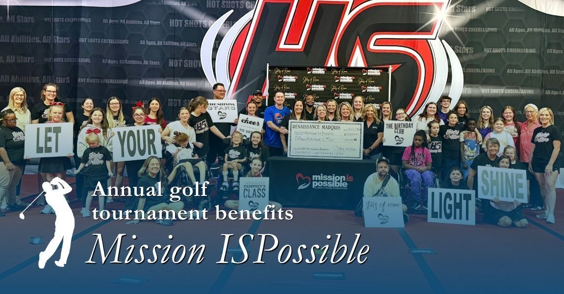 Team holding signs in front of large logo banner with text “Mission ISPossible” and “annual goal commitment benefits”