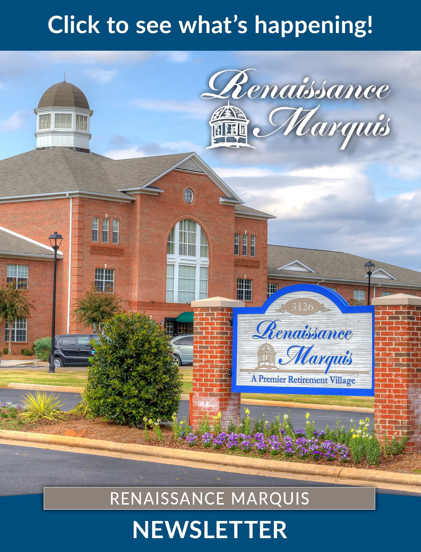 Renaissance Marquis building exterior with sign and newsletter title.