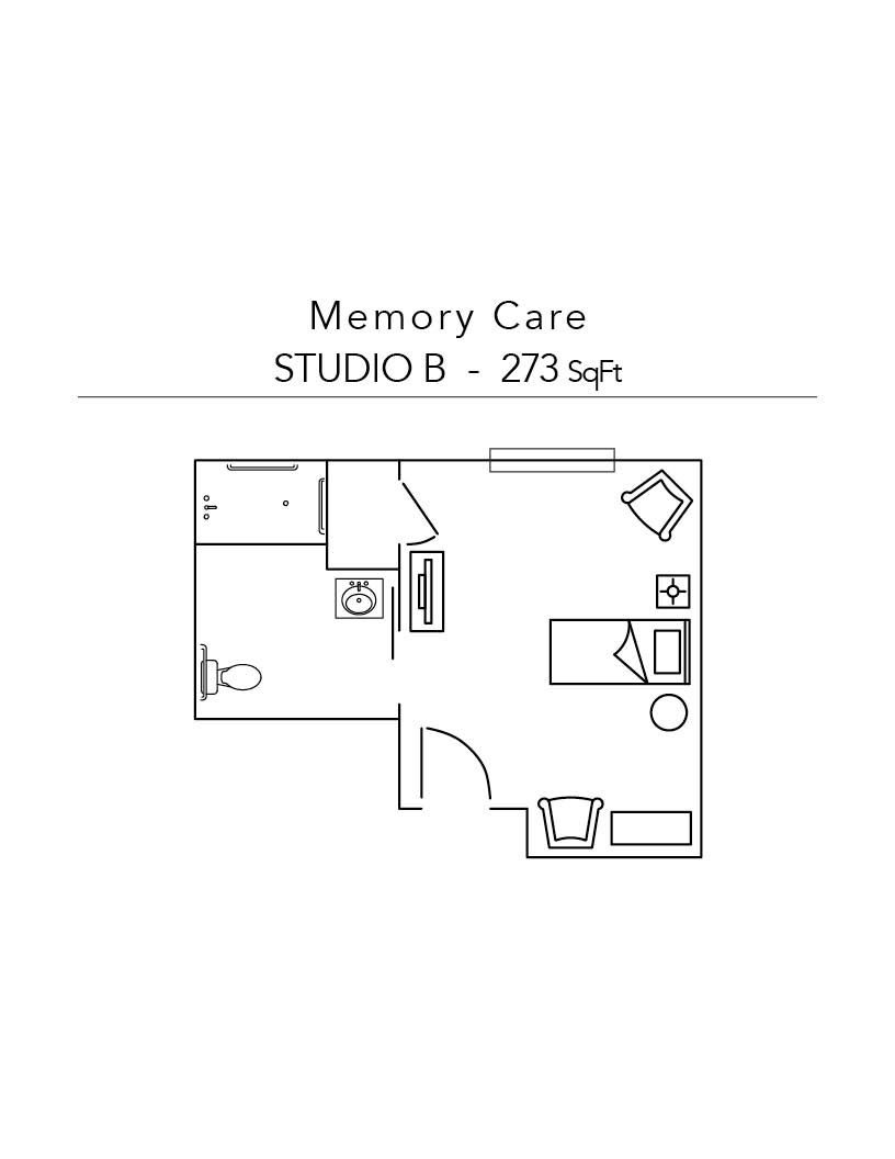Floor plan of a Memory Care studio apartment: includes a bathroom, closet, bed, table, and chair. 723 sq ft.
