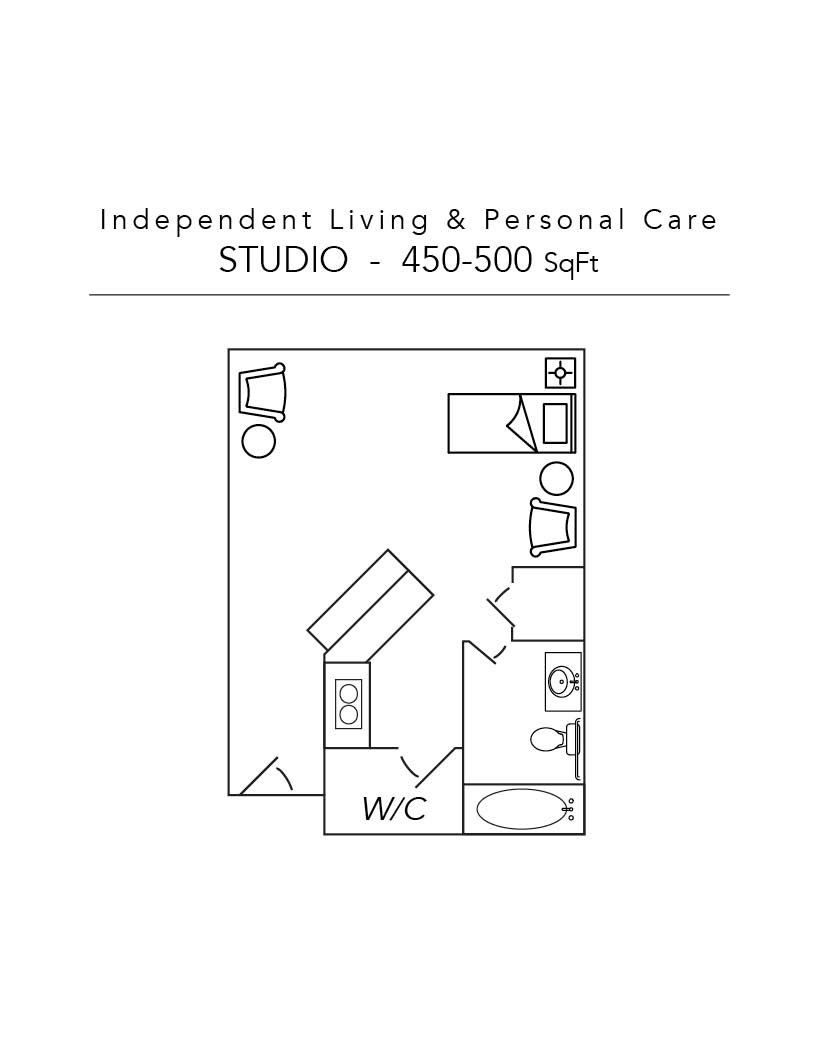 Floor plan: Studio apartment for independent living with kitchen, bathroom, and living area.