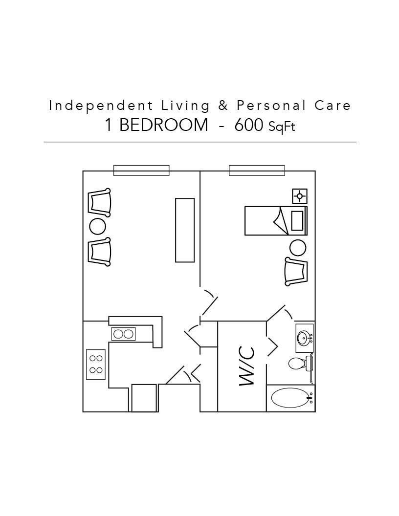 Floor plan: 1-bedroom apartment with living area, bedroom, bathroom, closet, and kitchenette. Totaling 600 sq ft.