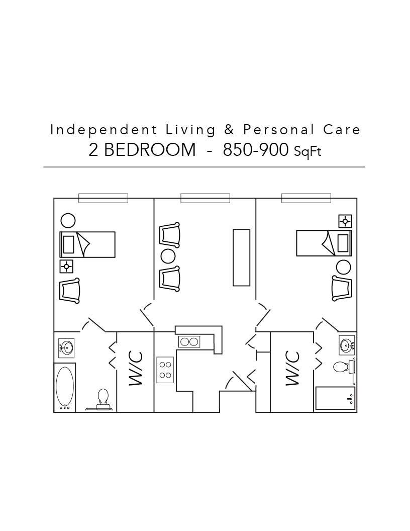Floor plan of a 2-bedroom apartment with living, kitchen, and bathroom spaces; labeled 
