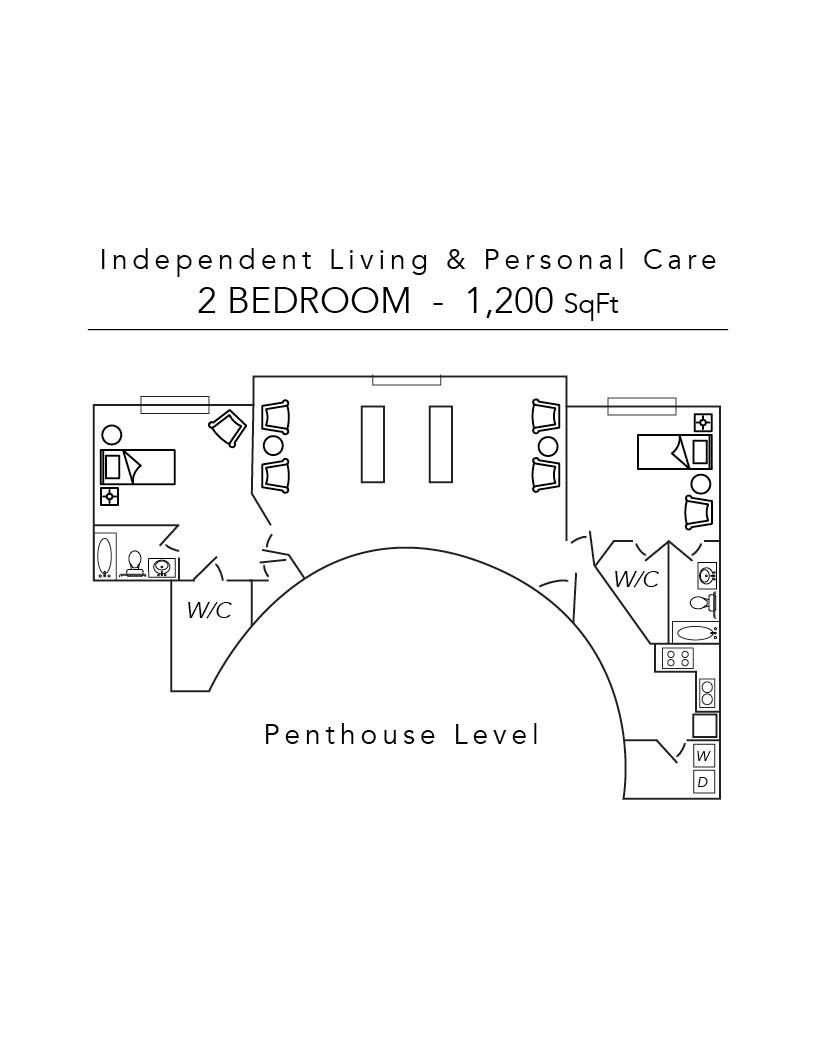 Floor plan for a 2-bedroom, 1200 sq ft apartment in assisted living, with a circular 