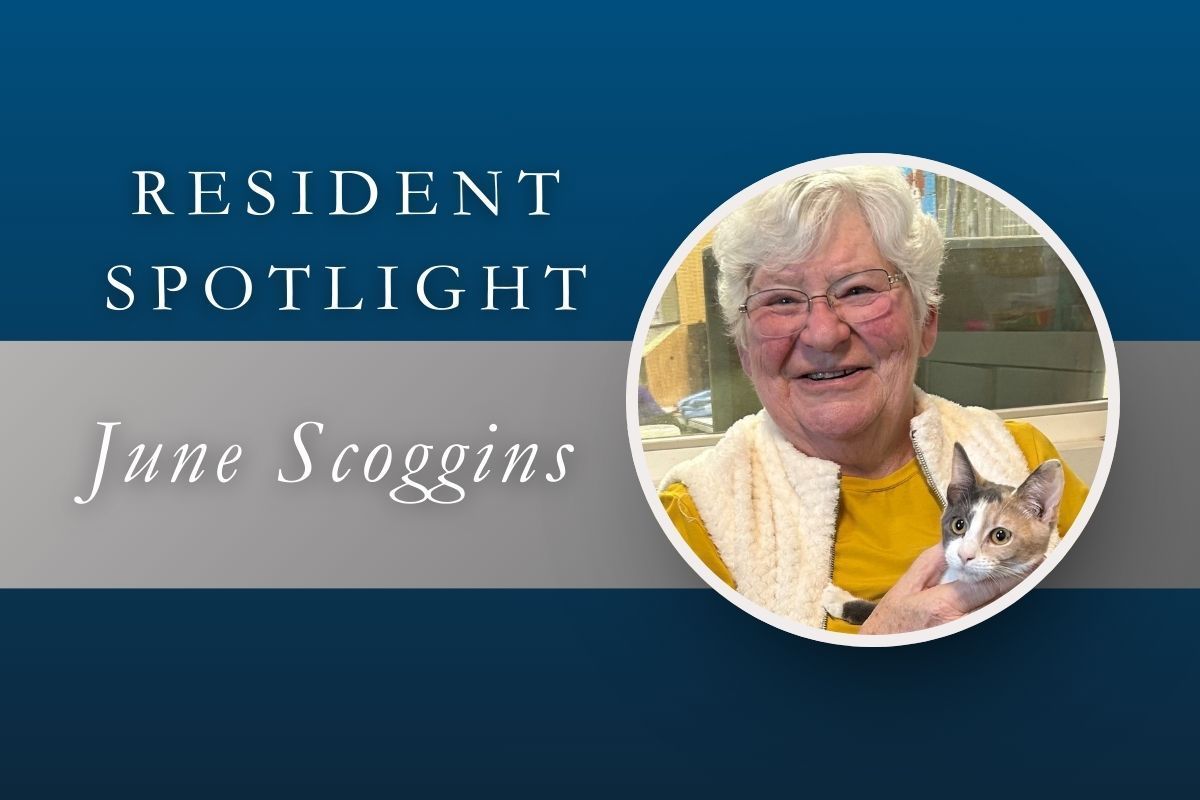 Resident spotlight graphic featuring June Scoggins, a person smiling while holding a cat inside a circular frame.