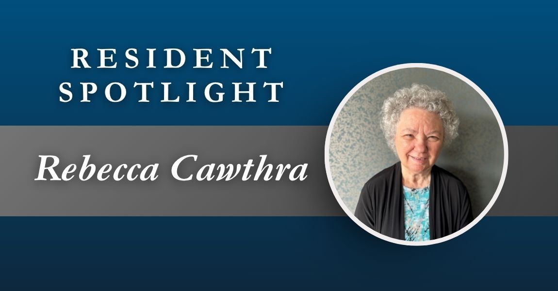 Resident spotlight banner for Rebecca Cawthra with her portrait on a blue background