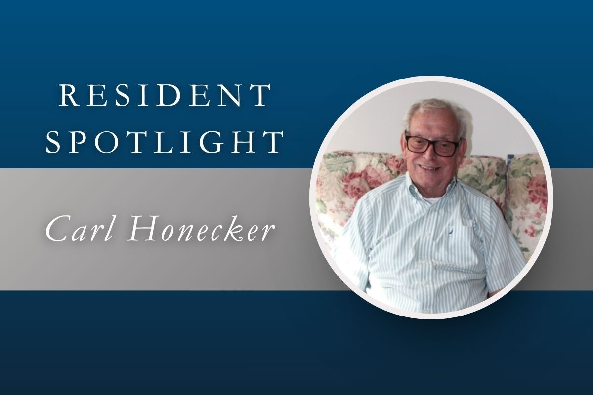 Resident Spotlight graphic featuring Carl Honecker on a blue background, with his portrait in a white circle.