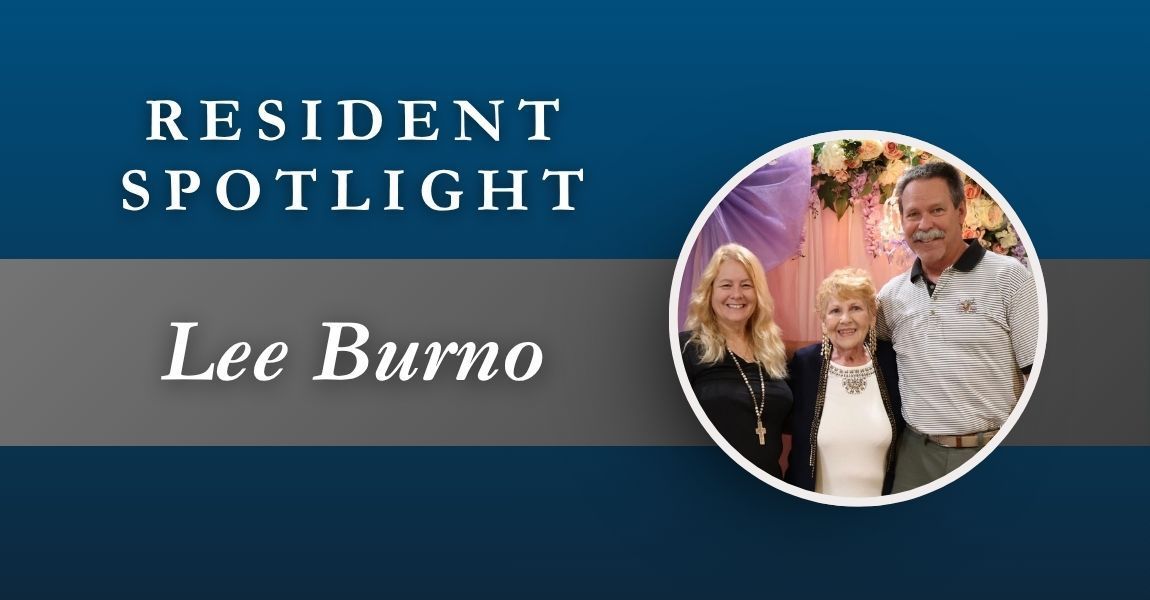Resident Spotlight graphic with “Lee Burno” and a circular photo of three smiling people on a blue background