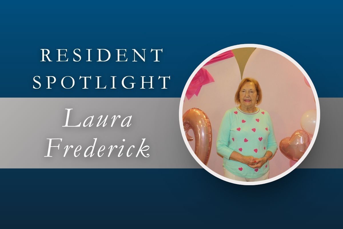 Resident spotlight banner featuring Laura Frederick in a pink room with balloons