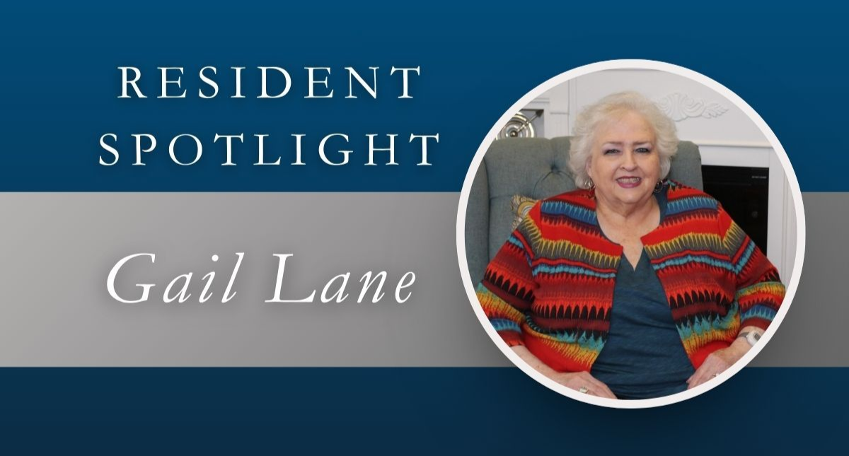 Resident Spotlight: Gail Lane. Woman in patterned sweater sits, smiling. Text overlay.