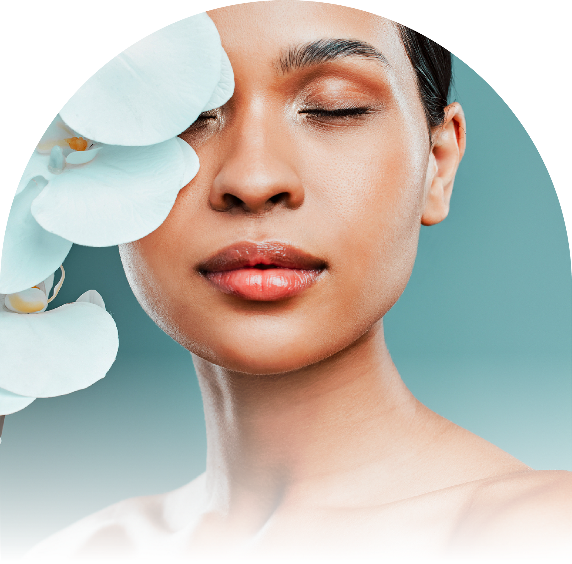 A woman with her eyes closed is covering her face with a flower.