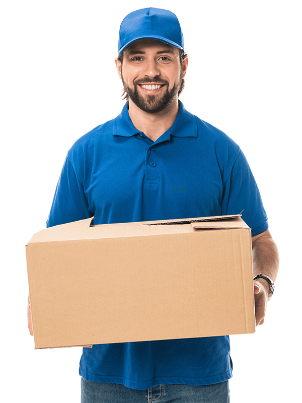Delivery person holding a cardboard box, wearing a blue cap and shirt, smiling.