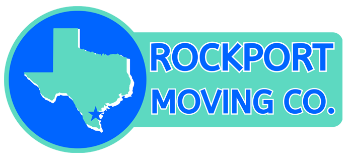 Logo for Rockport Moving Co. featuring the outline of Texas in green, a blue star, and text on a green rectangle.