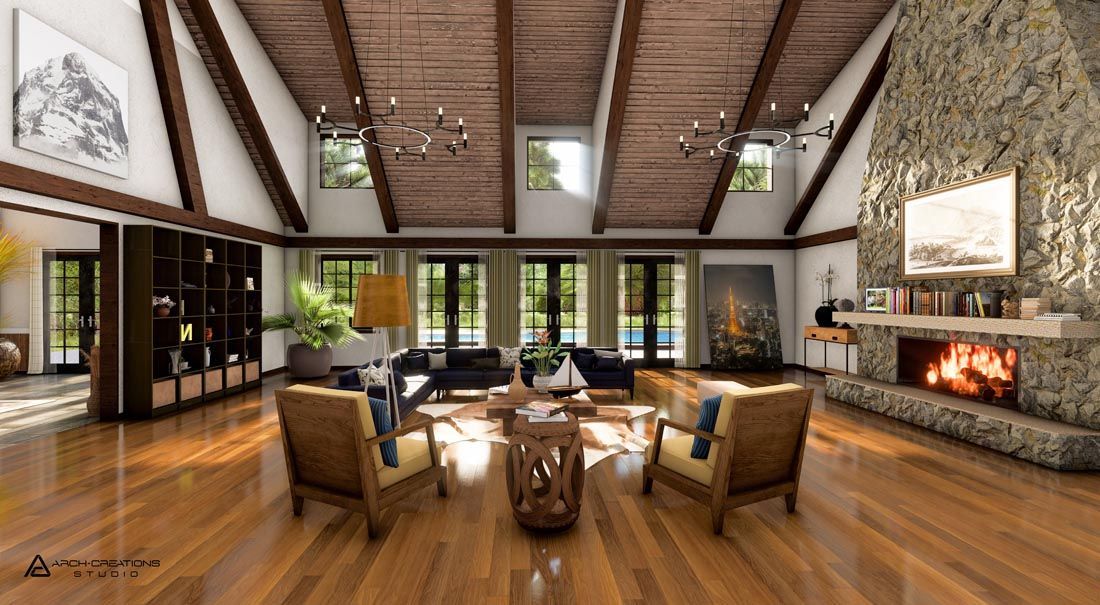 It is a living room with a fireplace and a lot of windows.