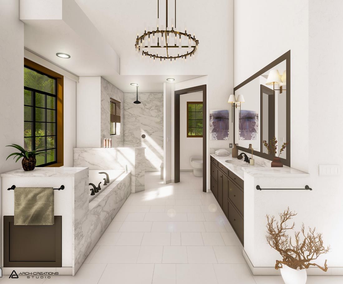 Modern bathroom with tub, shower, double vanity, and large window, with gold and dark accents.