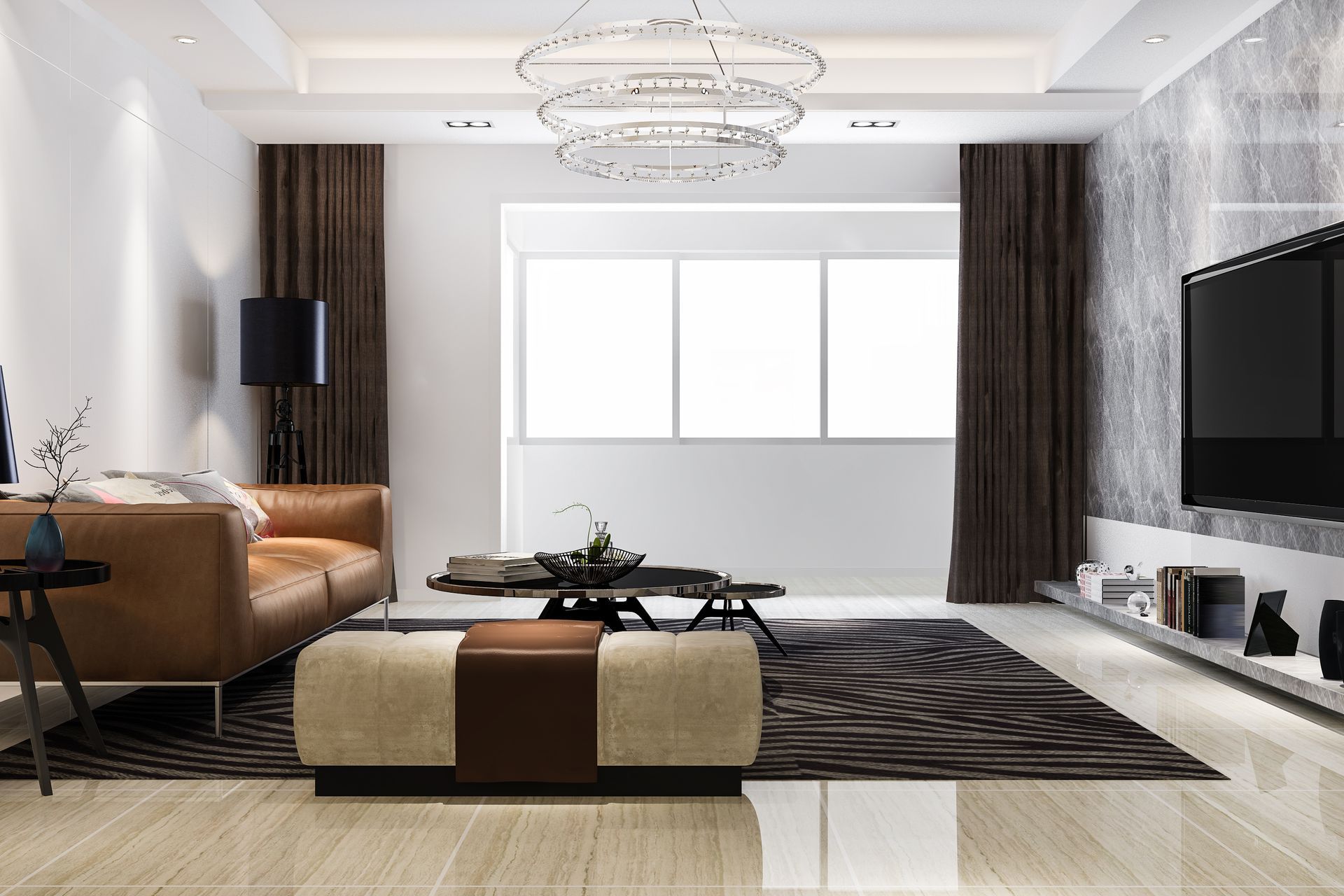 A living room with a couch , coffee table , and television.