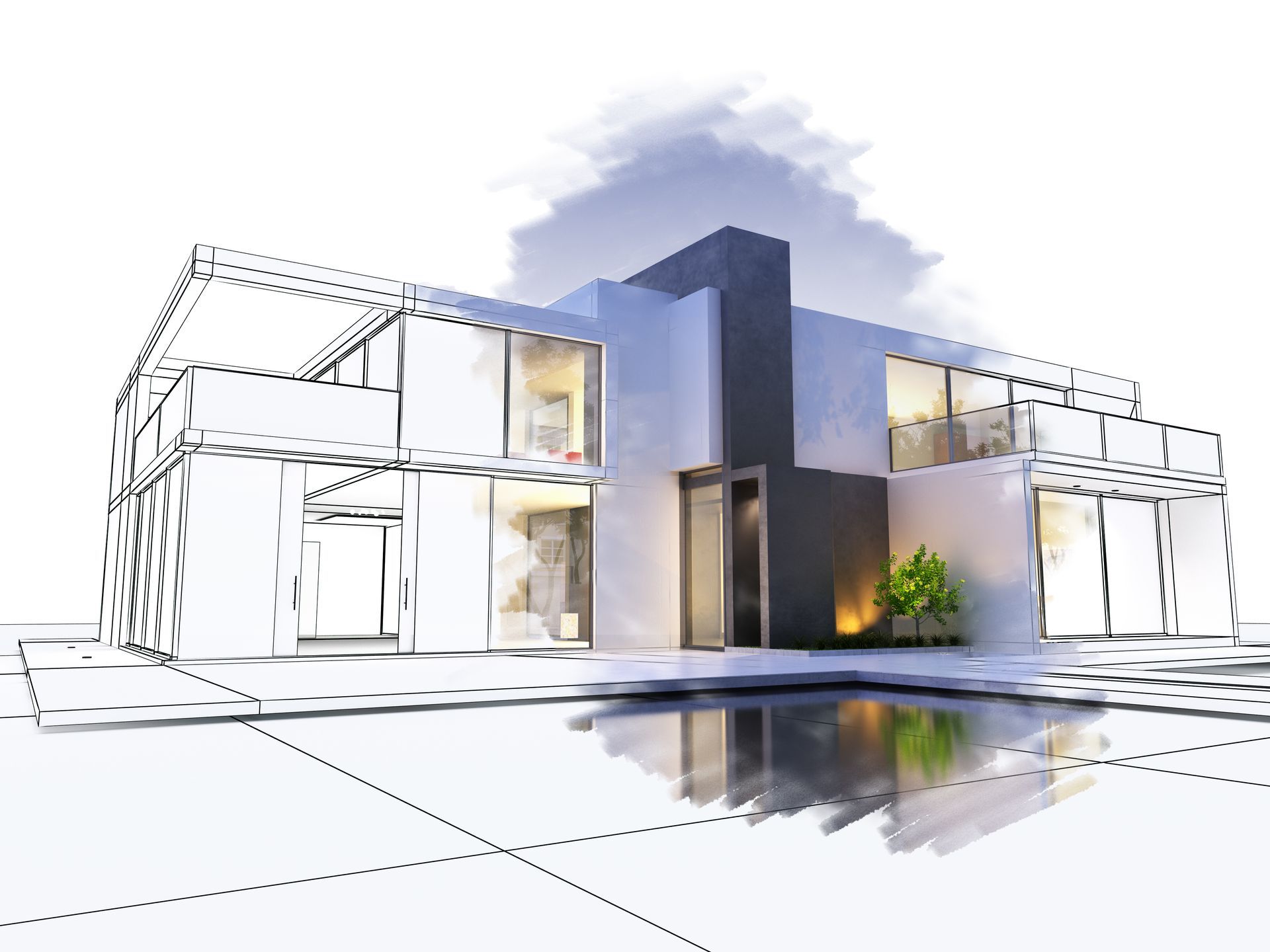 A drawing of a modern house with a pool in front of it.