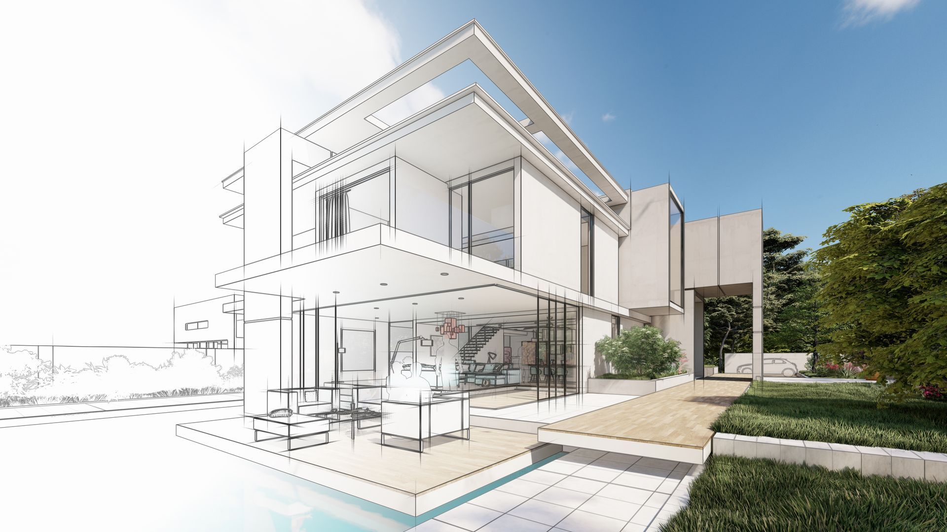 A black and white drawing of a modern house with a swimming pool.