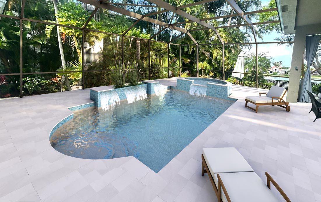 A large swimming pool is surrounded by chairs and trees