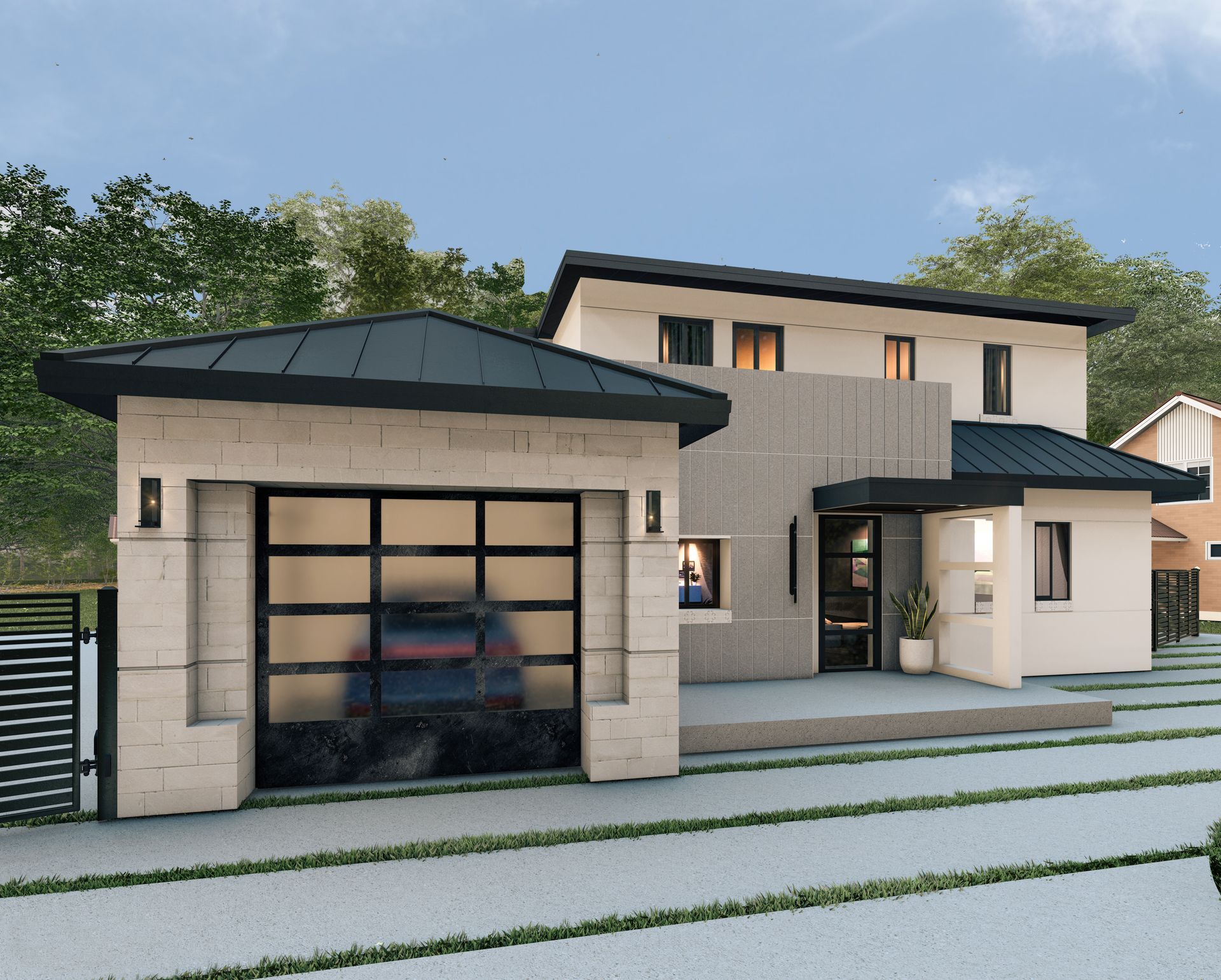 Modern two-story house with attached garage and a car inside. The exterior is light-colored, with a black roof.