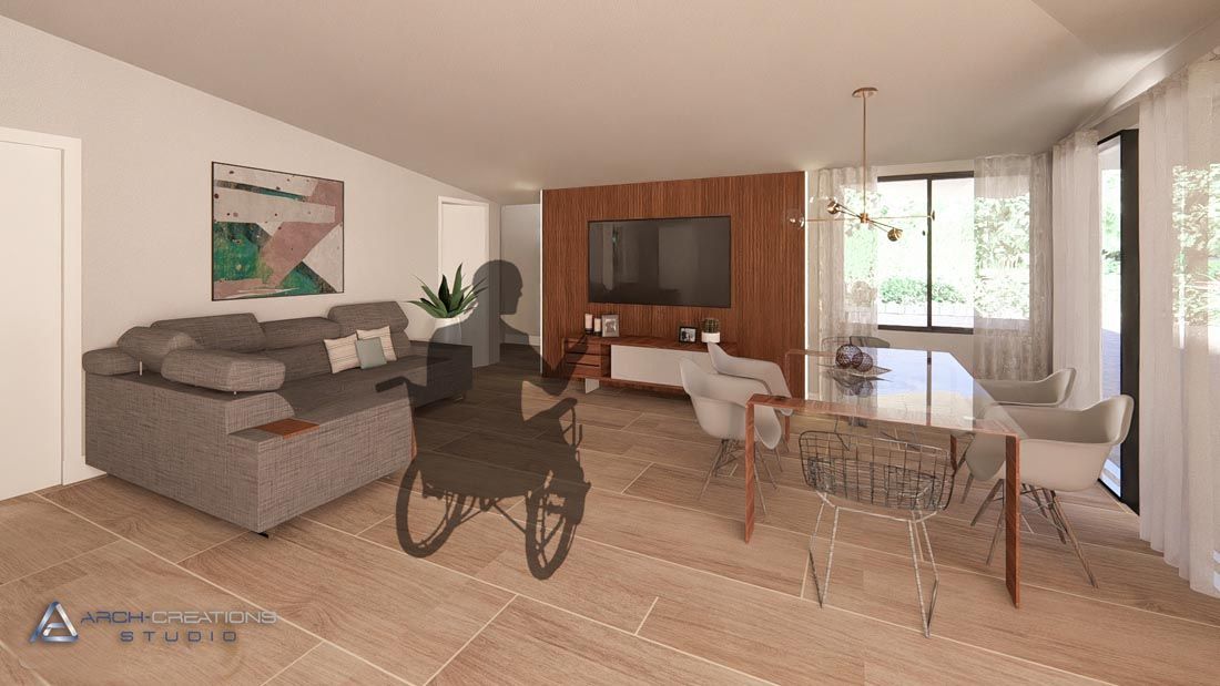 An artist 's impression of a living room with a person in a wheelchair.