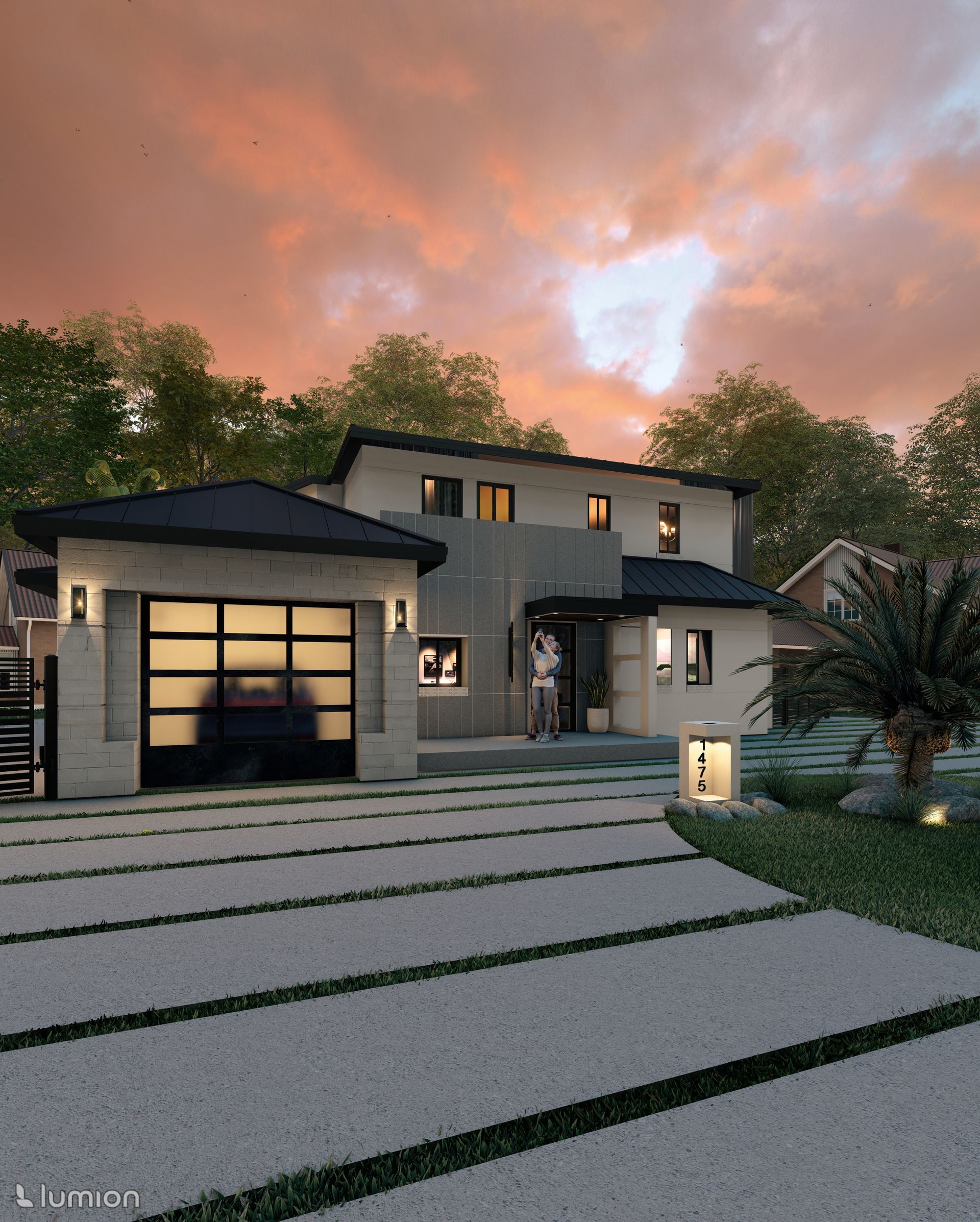 An artist 's impression of a house with a sunset in the background