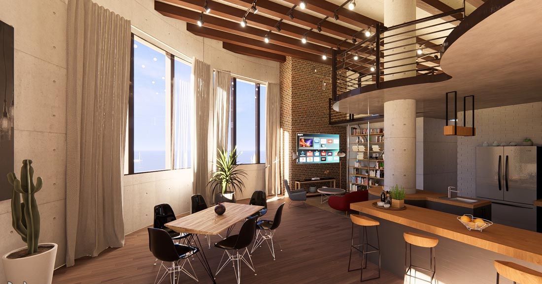 An artist 's impression of a living room with a dining table and chairs.