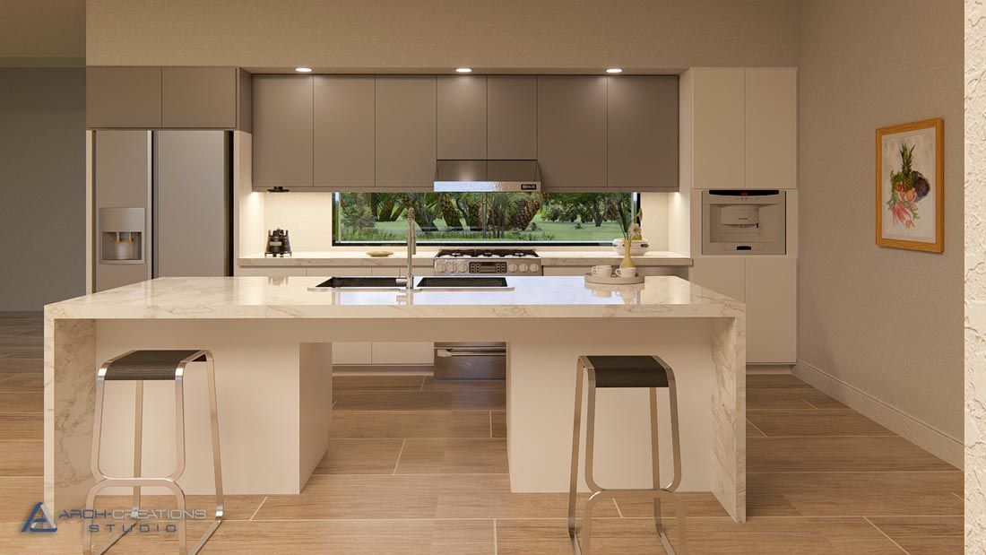 A kitchen with a large island and stools
