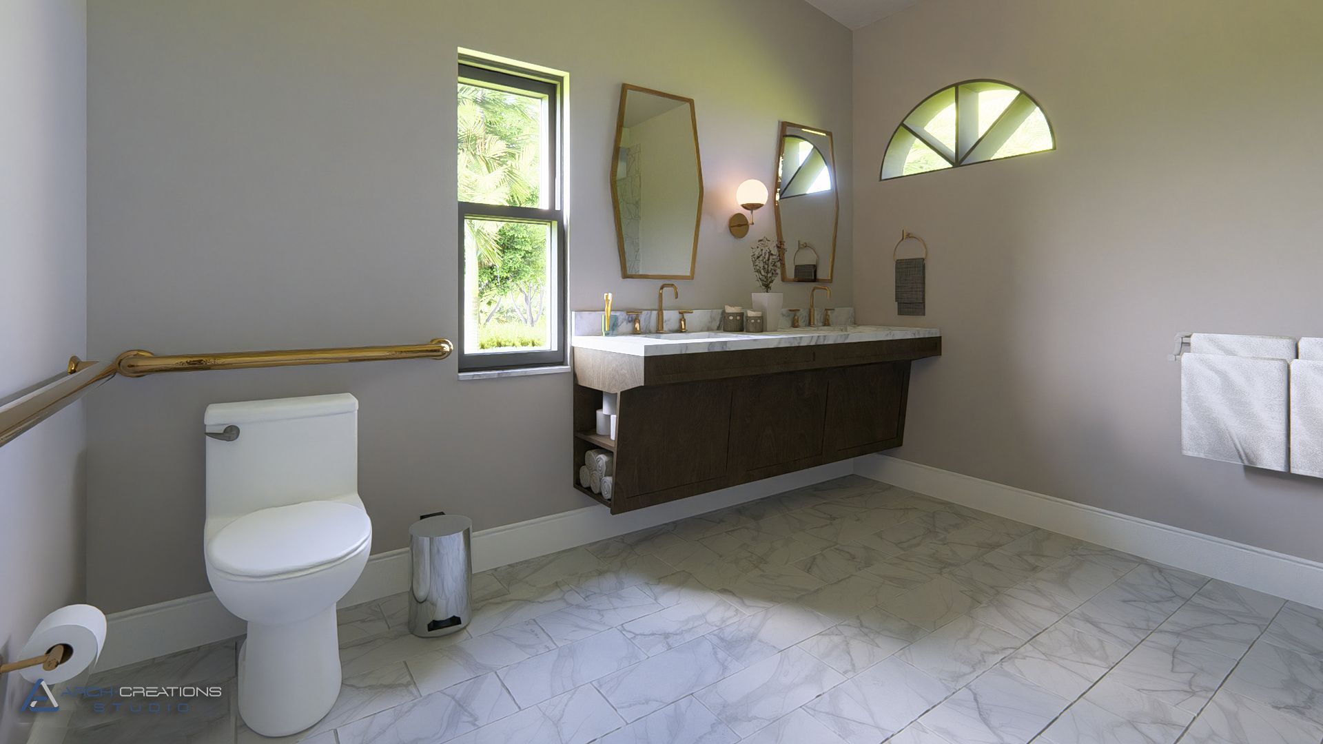 Bathroom with toilet, vanity, window, and neutral color scheme.