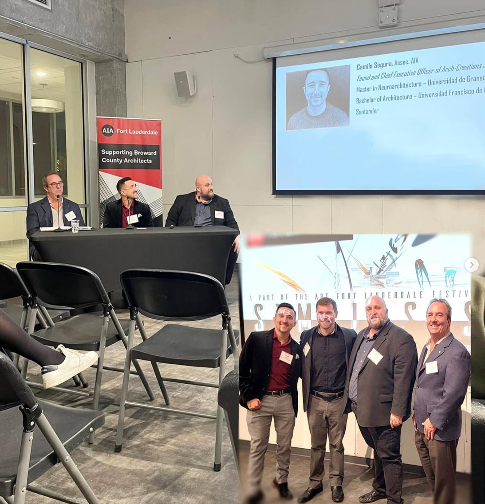 Panel discussion with speakers; a group photo of participants; indoor event.