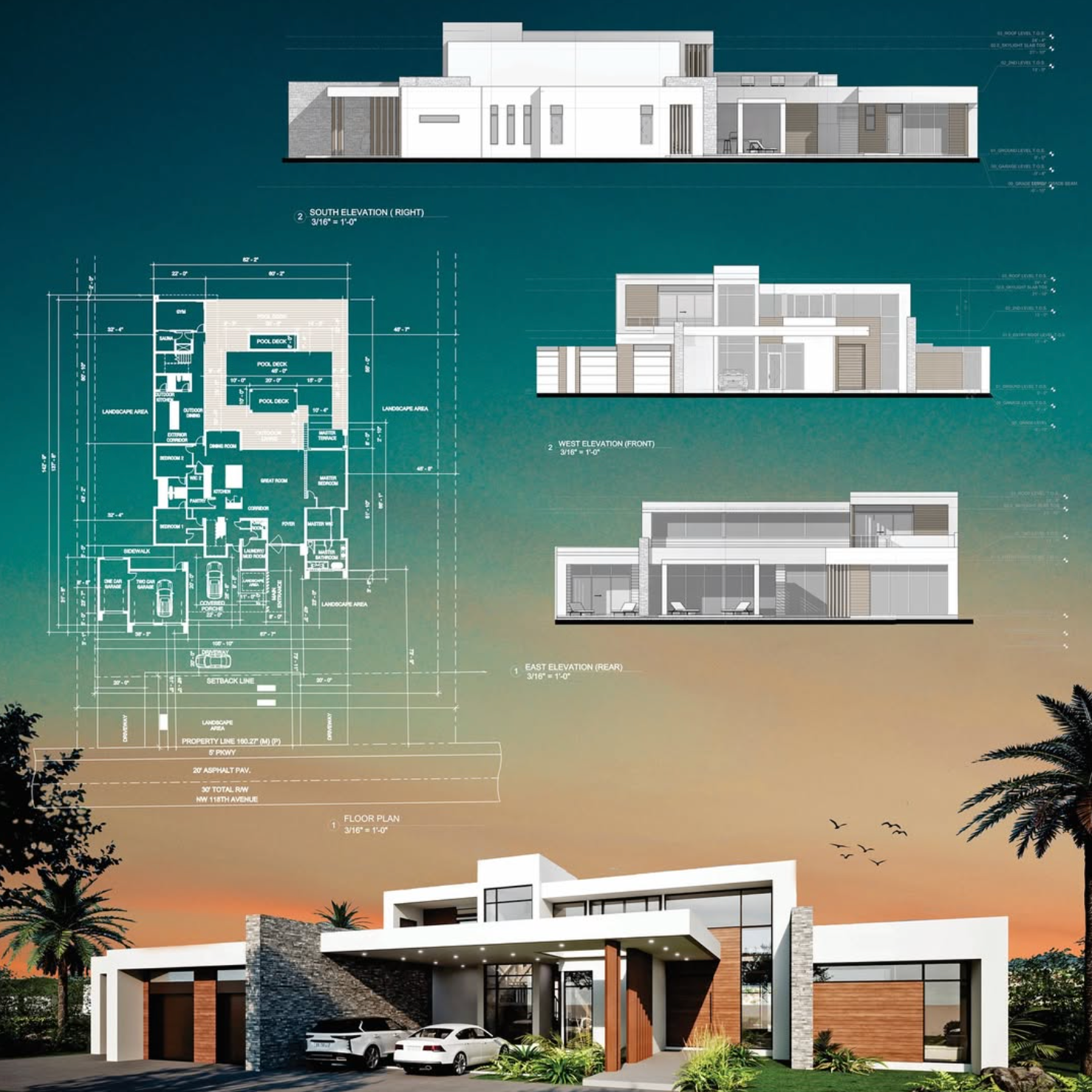 Architectural renderings: house blueprints and exterior views of a modern, white home with stone accents and palm trees.