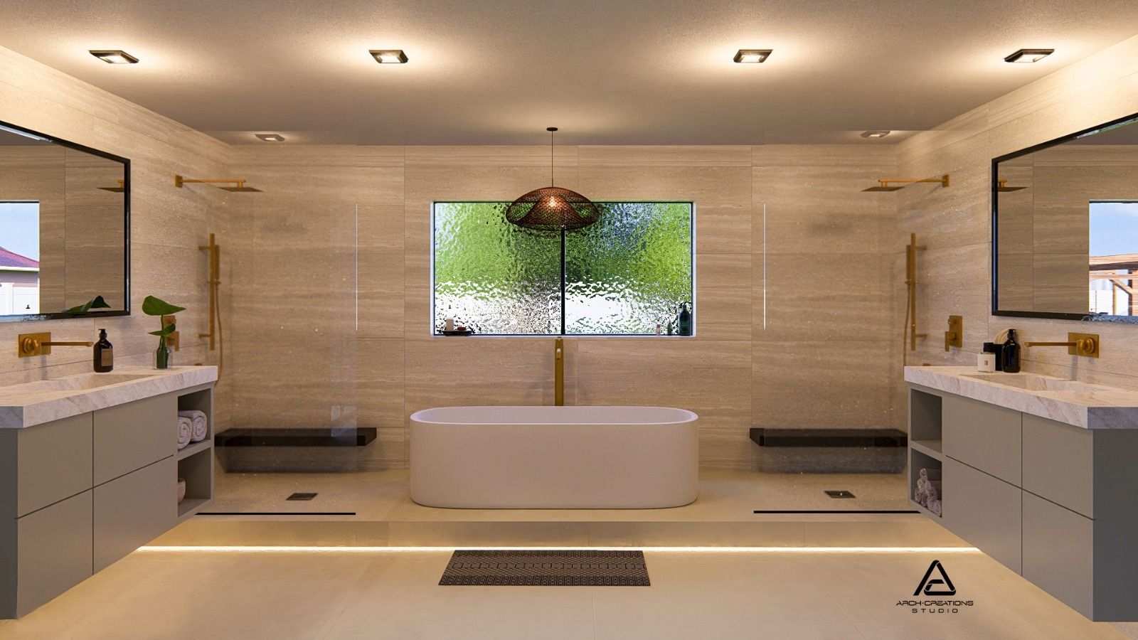 Modern bathroom with dual vanities, soaking tub, and a window overlooking greenery. Neutral tones, minimalist design.