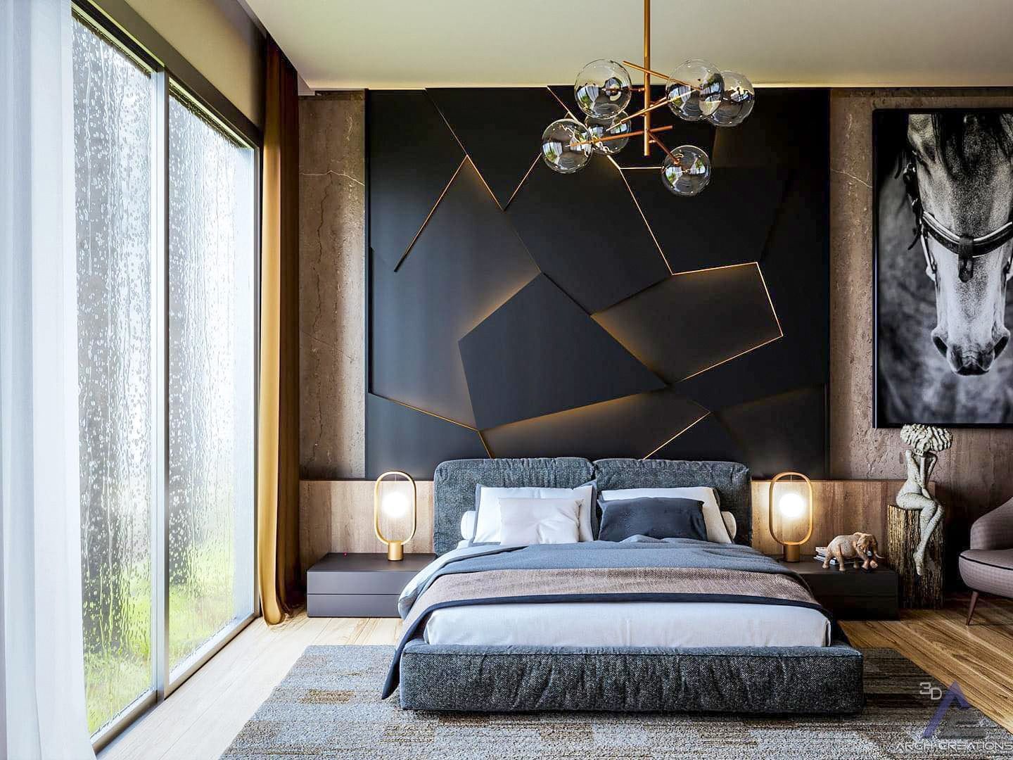 Modern bedroom with black geometric headboard, large windows, and a horse painting.