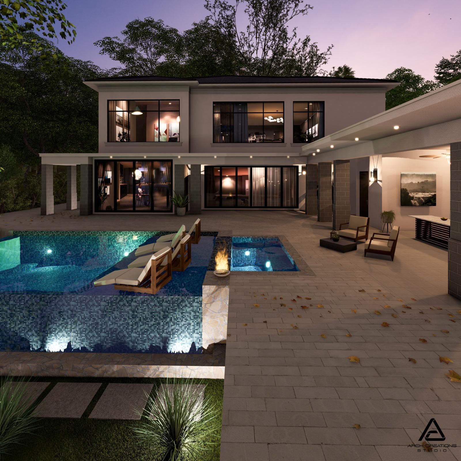 Modern house with a pool and outdoor seating area; evening setting.