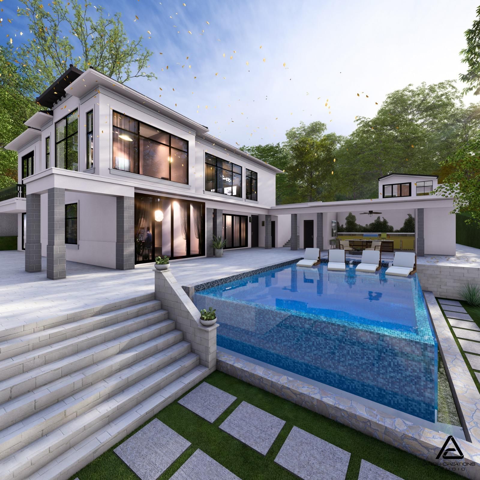 Modern white house with a pool, outdoor seating, and steps on a sunny day.